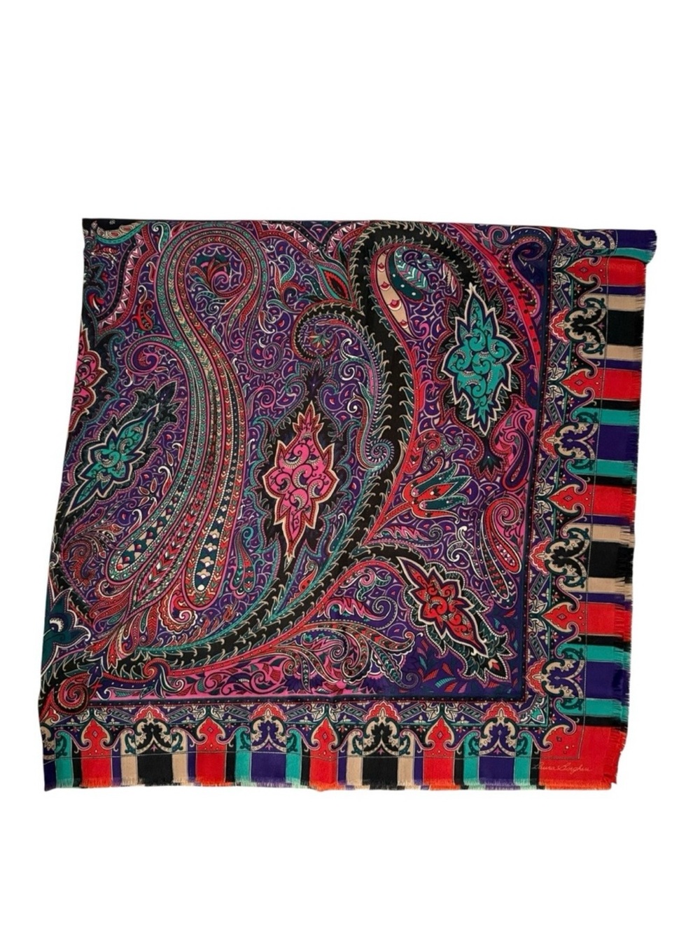 LAURA  BORGHESE SCARF RED GREEN TAN BLACK PURPLE PAISLEY LARGE SQUARE no tag